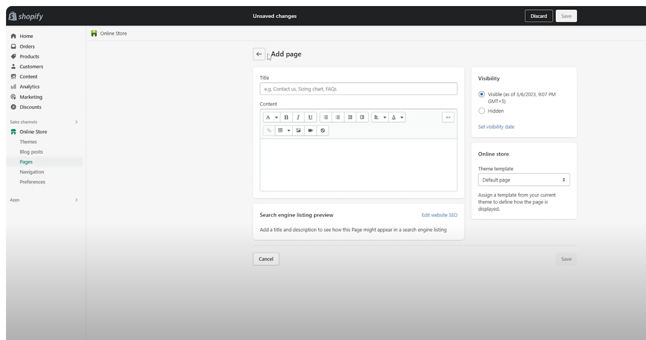Shopify Online Store Add page form with title, content and template fields